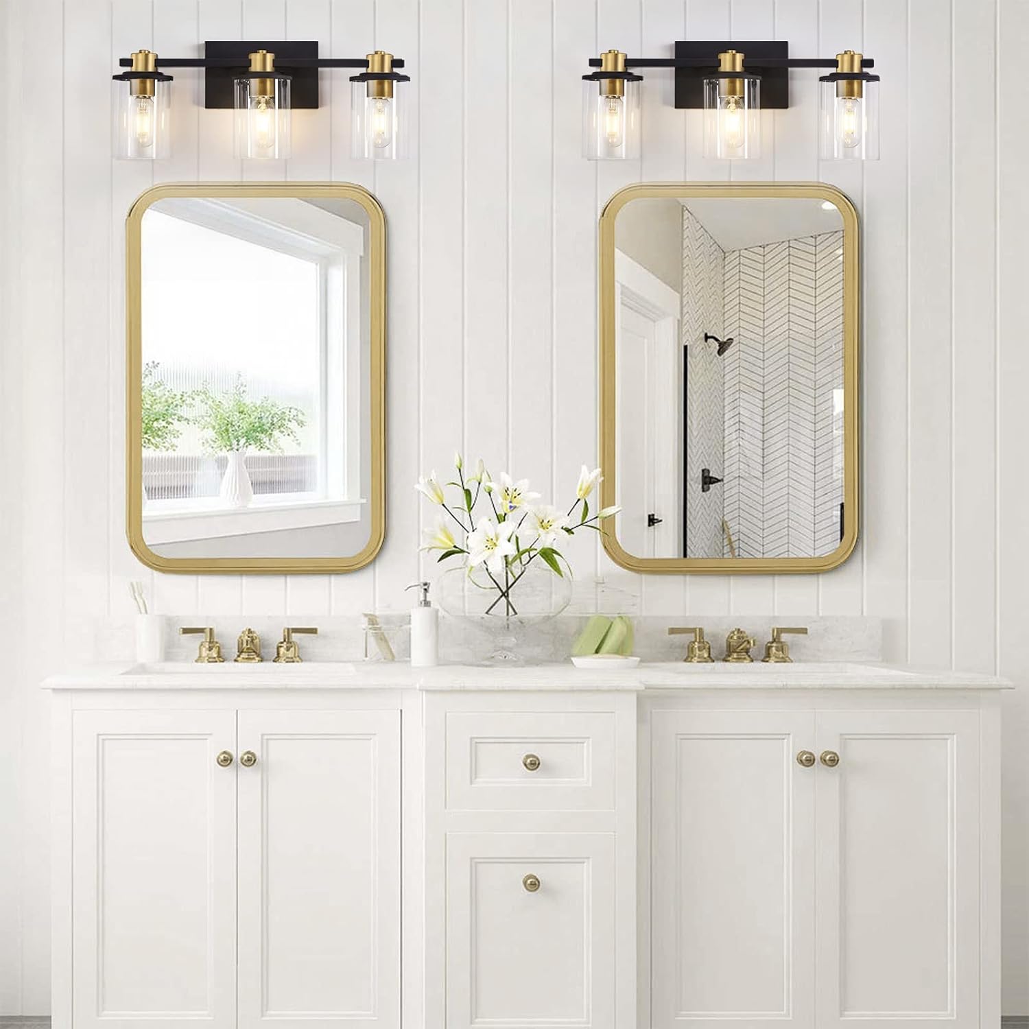 Stambord 3 Light Bathroom Vanity Light, Black and Gold Bathroom Light Fixtures, Sconces Wall Lighting with Glass Shade, Modern Brushed Gold Vanity Lights for Bathroom, Bedroom, Hallway