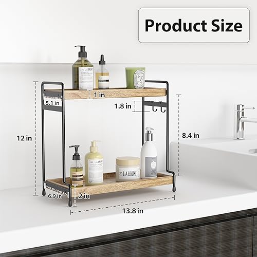 2-Tier Bathroom Countertop Organizer, Wooden Bathroom Shelf Organizer, Standing Bathroom Trays for Counter for Bathroom Kitchen Vanity Storage and Organization