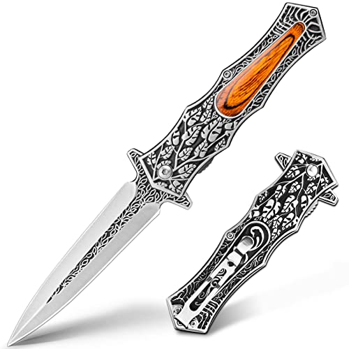 VALHALLA PASTOR Pocket Knife, 3.7'' Folding Knife with 3D Retro Embossed Pattern, Pocket Knife For Men, Liner Lock, Cool EDC Knives, Gift for men