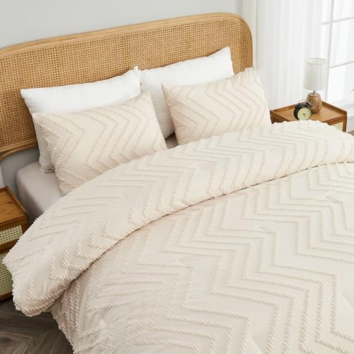 Andency King Size Comforter Set Beige, Boho Cream Soft Warm Tufted Neutral Bedding Comforter Sets for King Size Bed, 3 Pieces Aesthetic Chevron Farmhouse Cute Bohemian Textured Bedding Set