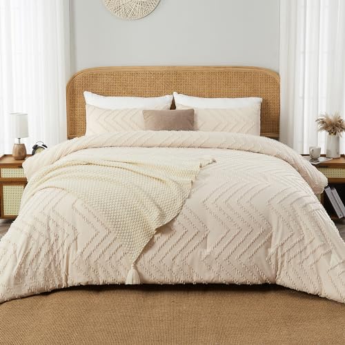 Andency King Size Comforter Set Beige, Boho Cream Soft Warm Tufted Neutral Bedding Comforter Sets for King Size Bed, 3 Pieces Aesthetic Chevron Farmhouse Cute Bohemian Textured Bedding Set