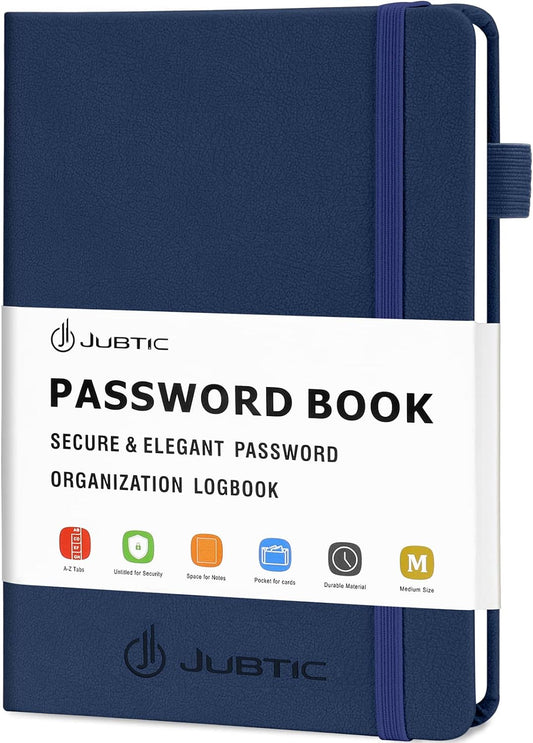 JUBTIC Password Book with Alphabetical Tabs. Medium Size Password Keeper Book for Internet Website Address Log in Detail. Hardcover Password Notebook & Organizer for Home Office, Navy Blue
