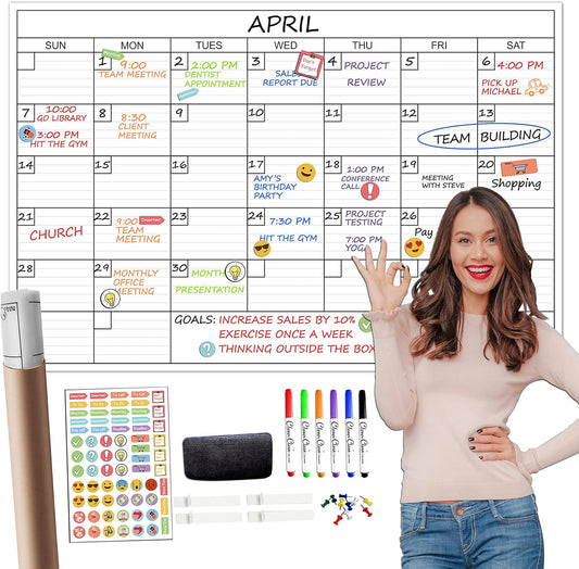 CLEVER CLEAN Large Dry Erase Wall Calendar - 24"x 36" Undated Monthly Calendar for Home, Office, Classroom - Reusable Laminated Task Organizer